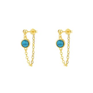 Women Round Turquoise 925 Sterling Silver Tassels Chain Leverback Earrings