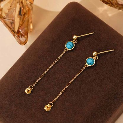 Women Round Turquoise 925 Sterling Silver Tassels Chain Leverback Earrings