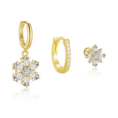 Beautiful Golden CZ Snowflake 925 Sterling Silver Dangling Earrings