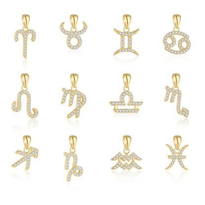Fashion Gift Golden CZ Signs Of The Zodiac 925 Sterling Silver DIY Pendant