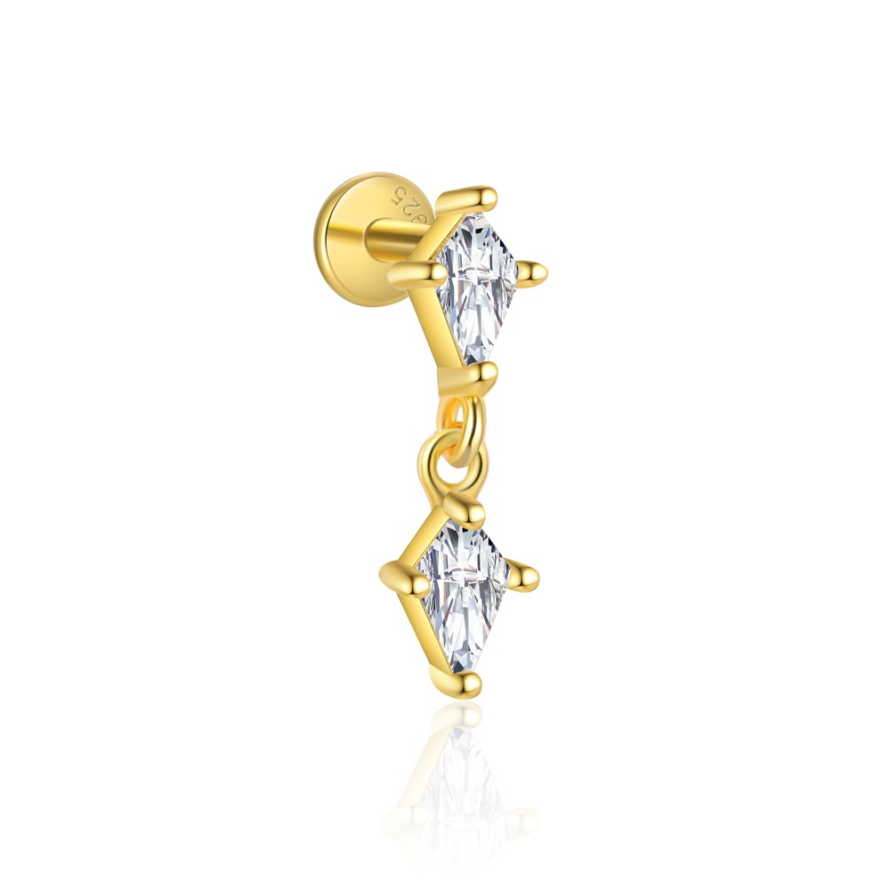 Geometry Gold CZ Rhombus 925 Sterling Silver Dangling Earring (Single)