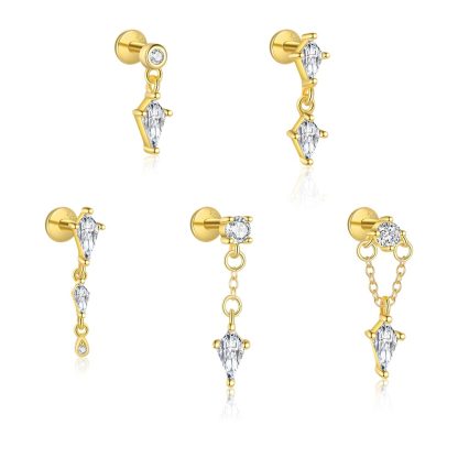 Geometry gold-plated CZ Rhombus 925 Sterling Silver Dangling Earring (Single)