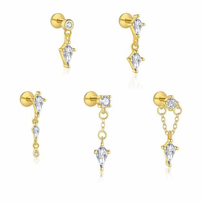 Geometry gold-plated CZ Rhombus 925 Sterling Silver Dangling Earring (Single)