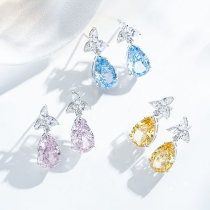 Elegant Teardrop Cubic Zirconia 925 Sterling Silver Drop Earrings with Yellow Blue Pink Gemstones for Women Party Fashion Jewelry Gift Luxury Design