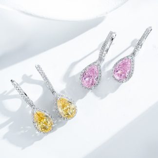 Elegant Waterdrop Shape Cubic Zirconia 925 Sterling Silver Drop Earrings for Women in Pink and Yellow Gem Colors with High-Quality Electroplating for Fashionable and Luxurious Look