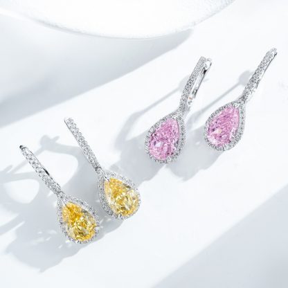 Elegant Waterdrop Shape Cubic Zirconia 925 Sterling Silver Drop Earrings for Women in Pink and Yellow Gem Colors with High-Quality Electroplating for Fashionable and Luxurious Look