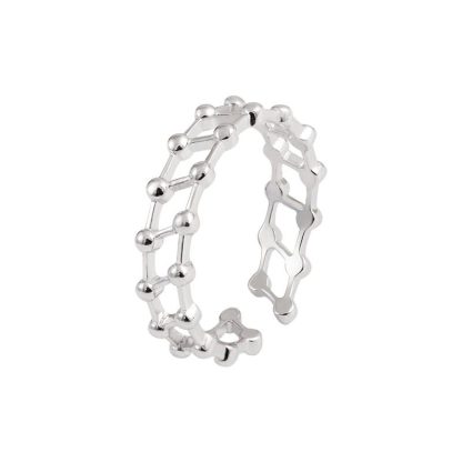 Fashion Double Beads Layer Hollow 925 Sterling Silver Adjustable Ring