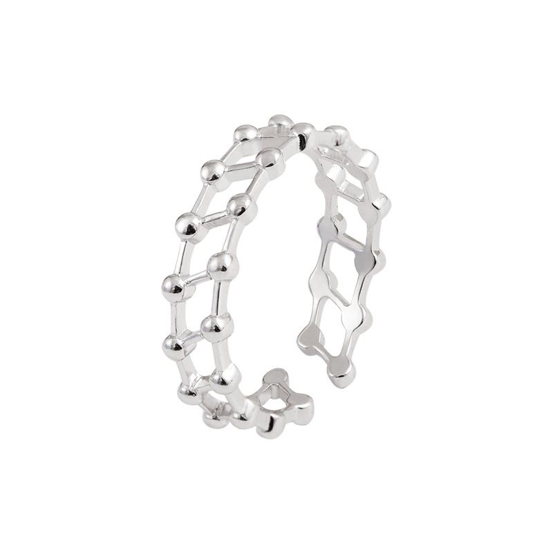 Fashion Double Beads Layer Hollow 925 Sterling Silver Adjustable Ring