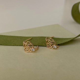 Beautiful CZ Hollow Camellia Flower 925 Sterling Silver Stud Earrings