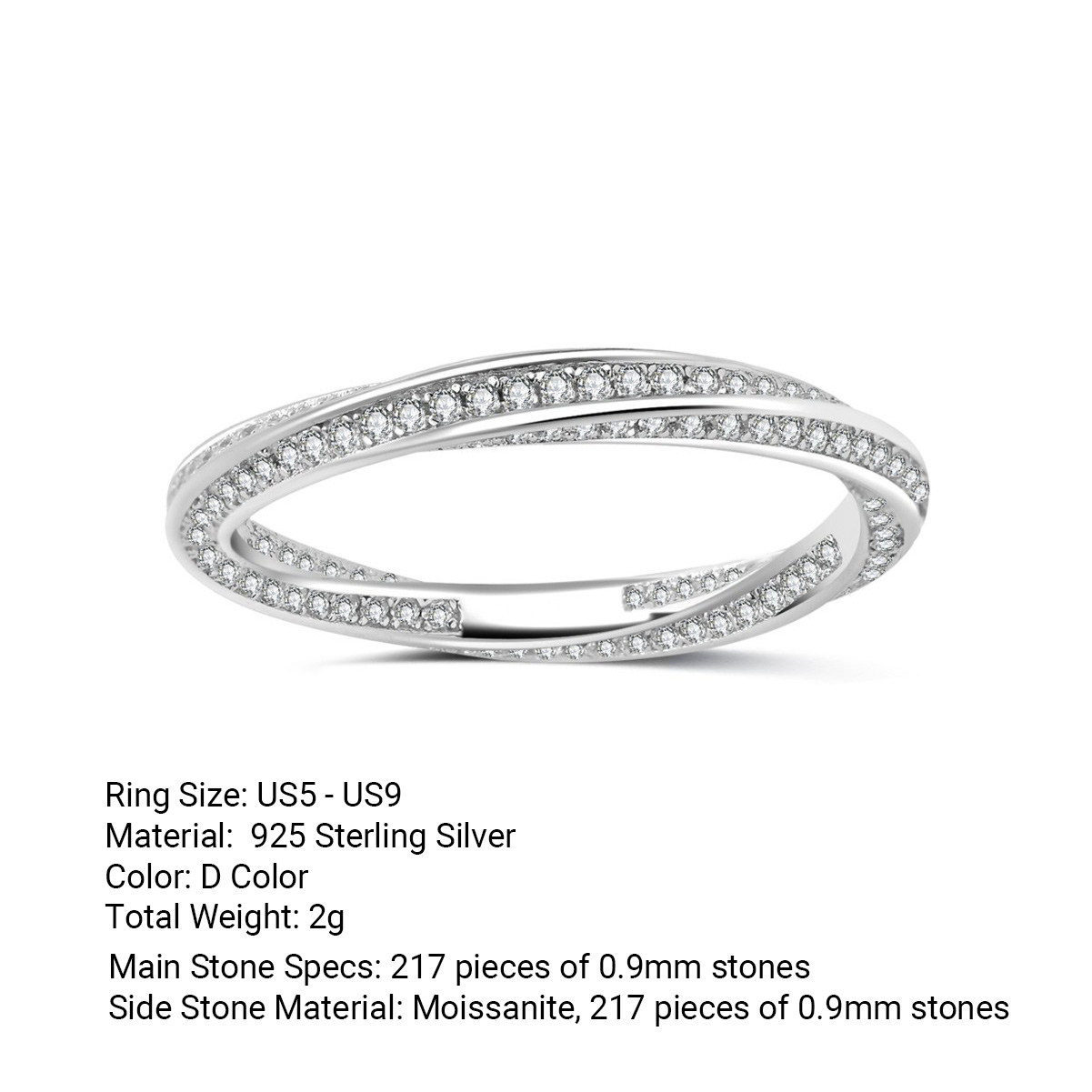 White Moissanite Geometric Mobius Knot 925 Sterling Silver Ring