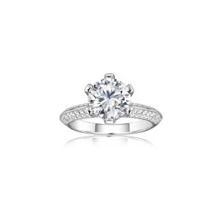 Round Brilliant Moissanite Pave Band 925 Sterling Silver Ring