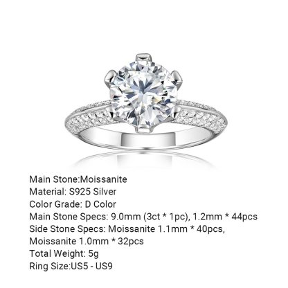 Round Brilliant Moissanite Pave Band 925 Sterling Silver Ring
