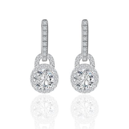 Moissanite Geometric Round Halo Drop Earrings  925 Sterling Silver Earring