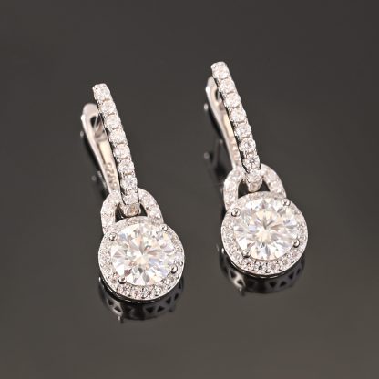 Moissanite Geometric Round Halo Drop Earrings  925 Sterling Silver Earring