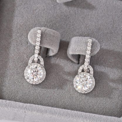 Moissanite Geometric Round Halo Drop Earrings  925 Sterling Silver Earring