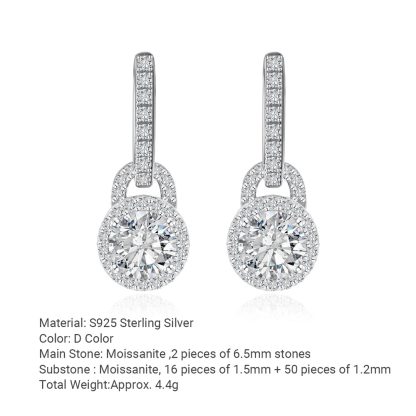 Moissanite Geometric Round Halo Drop Earrings  925 Sterling Silver Earring