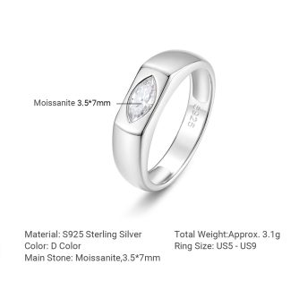 Minimalist Marquise Cut White Moissanite 925 Sterling Silver Signet Band Ring