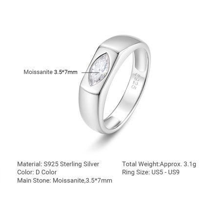 Minimalist Marquise Cut White Moissanite 925 Sterling Silver Signet Band Ring