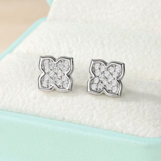 White Moissanite Clover Flower Stud Earrings In 925 Sterling Silver Stud Earrings