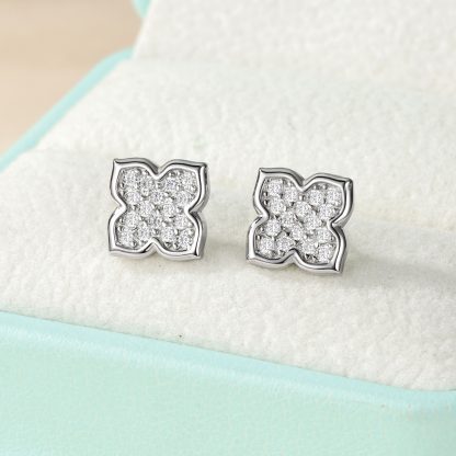White Moissanite Clover Flower Stud Earrings In 925 Sterling Silver Stud Earrings