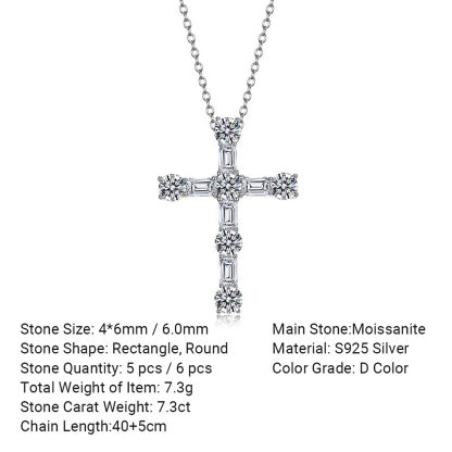 Religious Cross White Moissanite S925 Sterling Silver Pendant Necklace