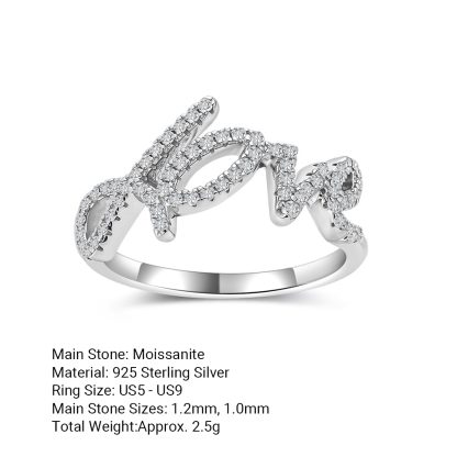 White Moissanite LOVE Letter Script Ring 925 Sterling Silver  Ring