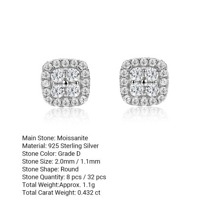 Mossanite Cushion-Cut Quadrifoliate Double Row Bezel Set 925 Sterling Silver Earrings