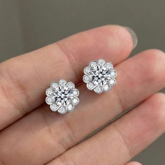 Sunflower Flower Halo Moissanite  In Silver Tone 925 Sterling Silver Stud Earrings