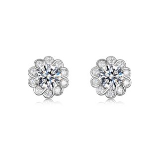 Sunflower Flower Halo Moissanite  In Silver Tone 925 Sterling Silver Stud Earrings