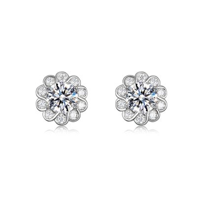Sunflower Flower Halo Moissanite  In Silver Tone 925 Sterling Silver Stud Earrings