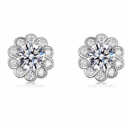 Sunflower Flower Halo Moissanite  In Silver Tone 925 Sterling Silver Stud Earrings