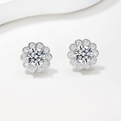 Sunflower Flower Halo Moissanite  In Silver Tone 925 Sterling Silver Stud Earrings
