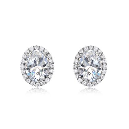 Oval Moissanite  D Color Halo 925 Sterling Silver Stud Earrings