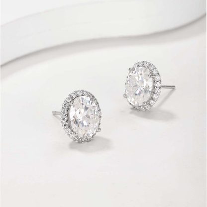 Oval Moissanite  D Color Halo 925 Sterling Silver Stud Earrings