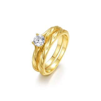 Round Brilliant Moissanite Couple  Set Twisted Carved Band 925 Sterling Silver Ring