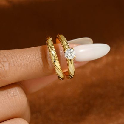 Round Brilliant Moissanite Couple  Set Twisted Carved Band 925 Sterling Silver Ring