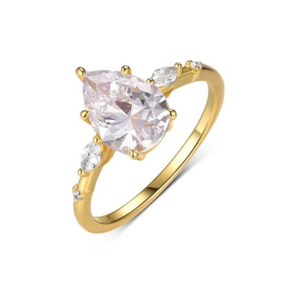 Moissanite Pear Cut Geometric Ring 925 Sterling Silver Slim Band with Marquise Side Stones and Round Accent Stones for Women Elegant Fashion Minimalist Statement Ring
