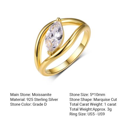 Marquise Moissanite Openwork Bypass 925 Sterling Silver Minimalist Geometric Ring