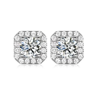 Square Halo Moissanite Stud Earrings  925 Sterling Silver Geometric Ear Stud Earrings