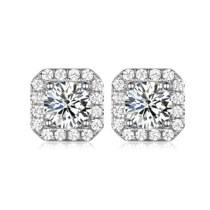 Square Halo Moissanite Stud Earrings  925 Sterling Silver Geometric Ear Stud Earrings