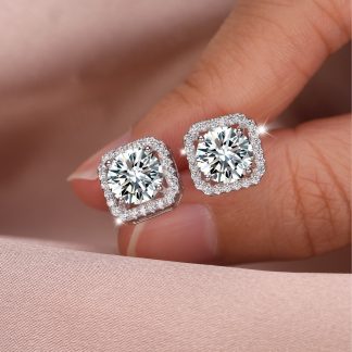 Square Halo Moissanite Stud Earrings  925 Sterling Silver Geometric Ear Stud Earrings