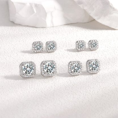 Square Halo Moissanite Stud Earrings  925 Sterling Silver Geometric Ear Stud Earrings