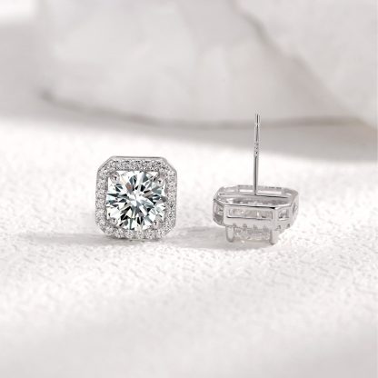 Square Halo Moissanite Stud Earrings  925 Sterling Silver Geometric Ear Stud Earrings