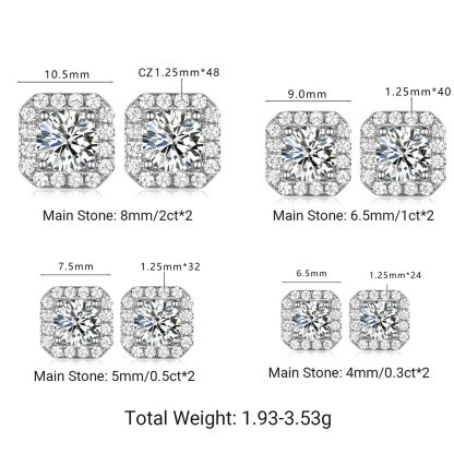 Square Halo Moissanite Stud Earrings  925 Sterling Silver Geometric Ear Stud Earrings