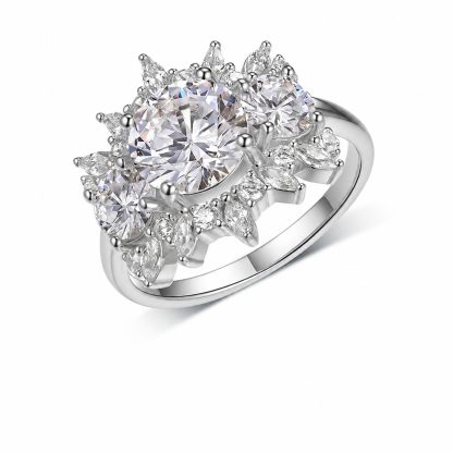 Floral Halo Round Cut D Color Moissanite S925 Sterling SilverThree Stone Cluster Wedding Ring