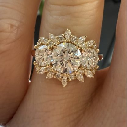Floral Halo Round Cut D Color Moissanite S925 Sterling SilverThree Stone Cluster Wedding Ring