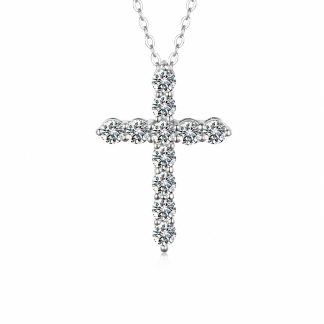 Round Moissanite 925 Sterling Silver Religious Cross Pendant Necklace