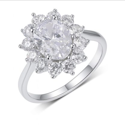 Oval Sunflower Halo Moissanite Ring 925 Sterling Silver Ring