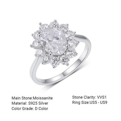Oval Sunflower Halo Moissanite Ring 925 Sterling Silver Ring