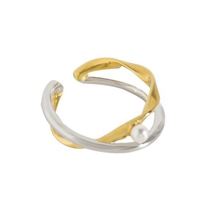 Fashion Two Tone Cross Shell Pearl 925 Sterling Silver Adjustable Ring